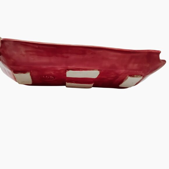 Red Art Pottery Trinket Dish, Signed MS, Floral Embossed Ceramic Vanity Tray 9" - Picture 8 of 10